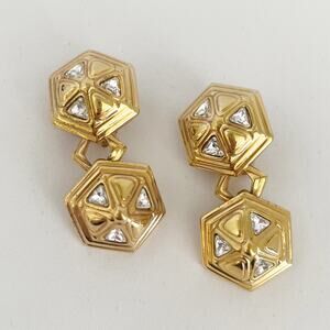 SWAROVSKI Gold and Crystal Octagonal Design Vintage Clip On Dangling Earrings